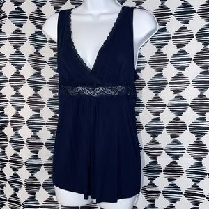Navy vneck tank top with see through lace waist